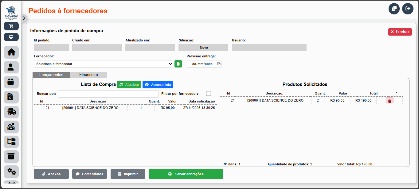 Pedidos Fornecedores